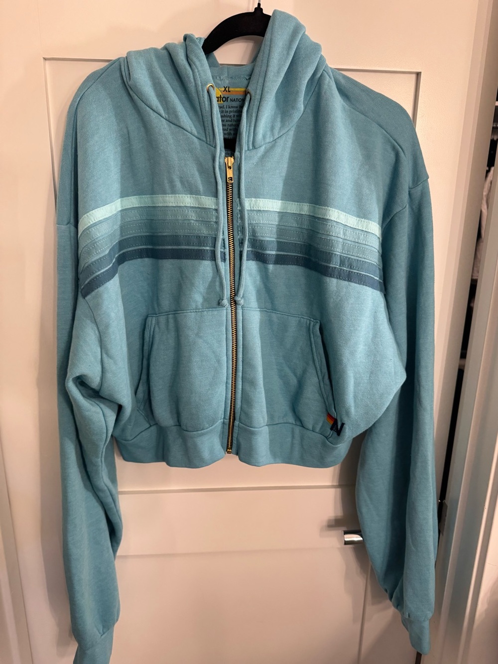 Aviator Nation AV 5 stripe cropped hoodie aqua size XL NWOT $196